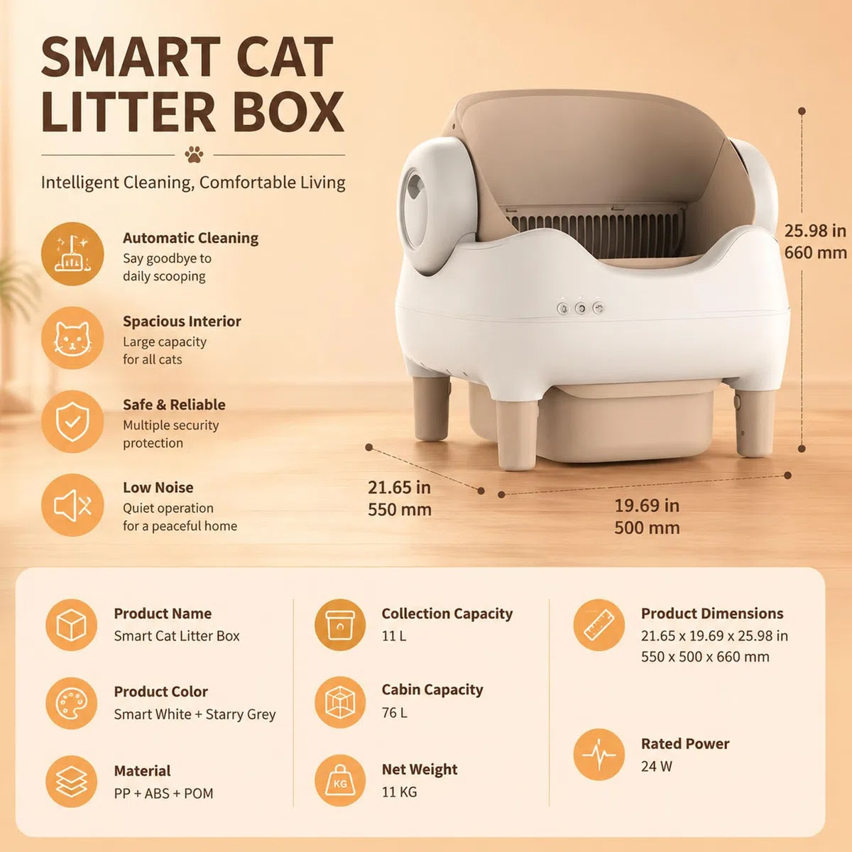 Lautlose Katzentoilette mit Doppelsensor-Einklemmschutz und Geruchsregelung | Leises ≤20dB Katzenklo mit 11L dichtem Abfallbehälter, Infrarotsensor und appgesteuerte Reinigungsverzögerung