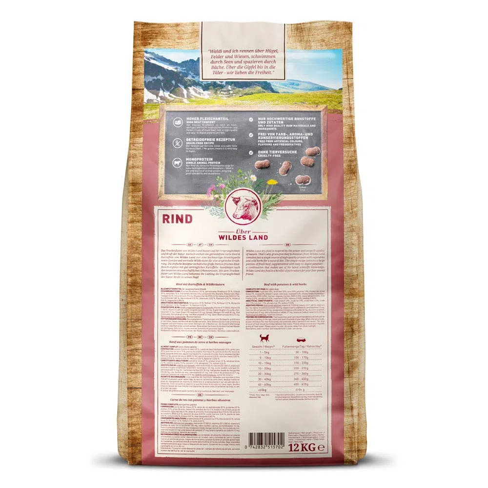 WILDES LAND – Rind | Trockenfutter mit extra hohem Fleischanteil und natürlichen Zutaten für ausgewachsene Hunde. Alleinfutter ohne Zusatzstoffe im Beutel | 24kg Rind