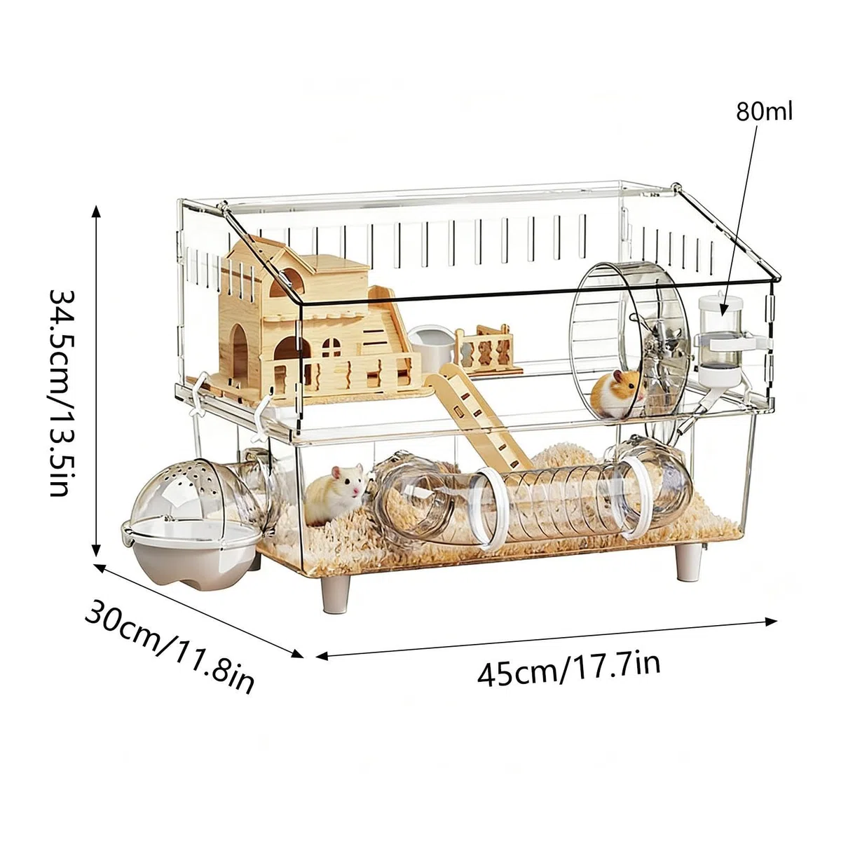 Hamsterkäfig 2-stöckiger Nagerkäfig aus Klarsicht | Geräumiger Hamsterkäfig mit Trinkflasche und Toilette für Kleintiere wie Meerschweinchen, für den Einsatz zu Hause,
