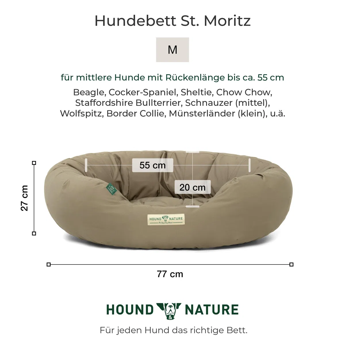 HOUND & NATURE Öko Hundebett St. Moritz - rund, kuschelig und waschbar, Donut Hundekorb für mittlere Hunde (M - 77x70 cm - Taupe)