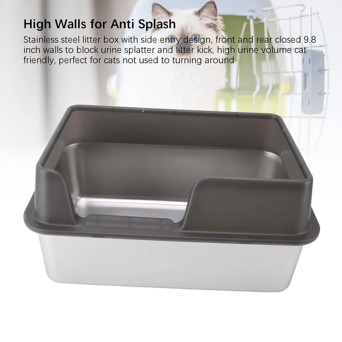 Culnflun Katzentoilette aus Edelstahl, Spritzwassergeschützte Katzentoilette mit Hoher Seite und Schaufel für Katzen, Kätzchen, Kaninchen, Meerschweinchen (L Schwarz)
