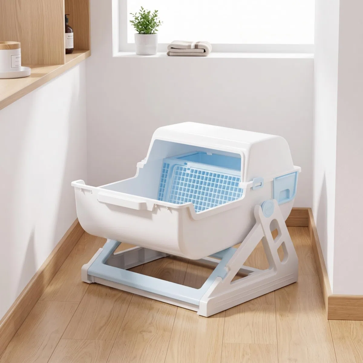 Katzentoilette mit Haube Halbautomatisch Katzenklo mit Sieb Selbstreinigend Katzentoilette Deckel für Katzenbesitzer, Wohnung, Zuhause, Weißblau