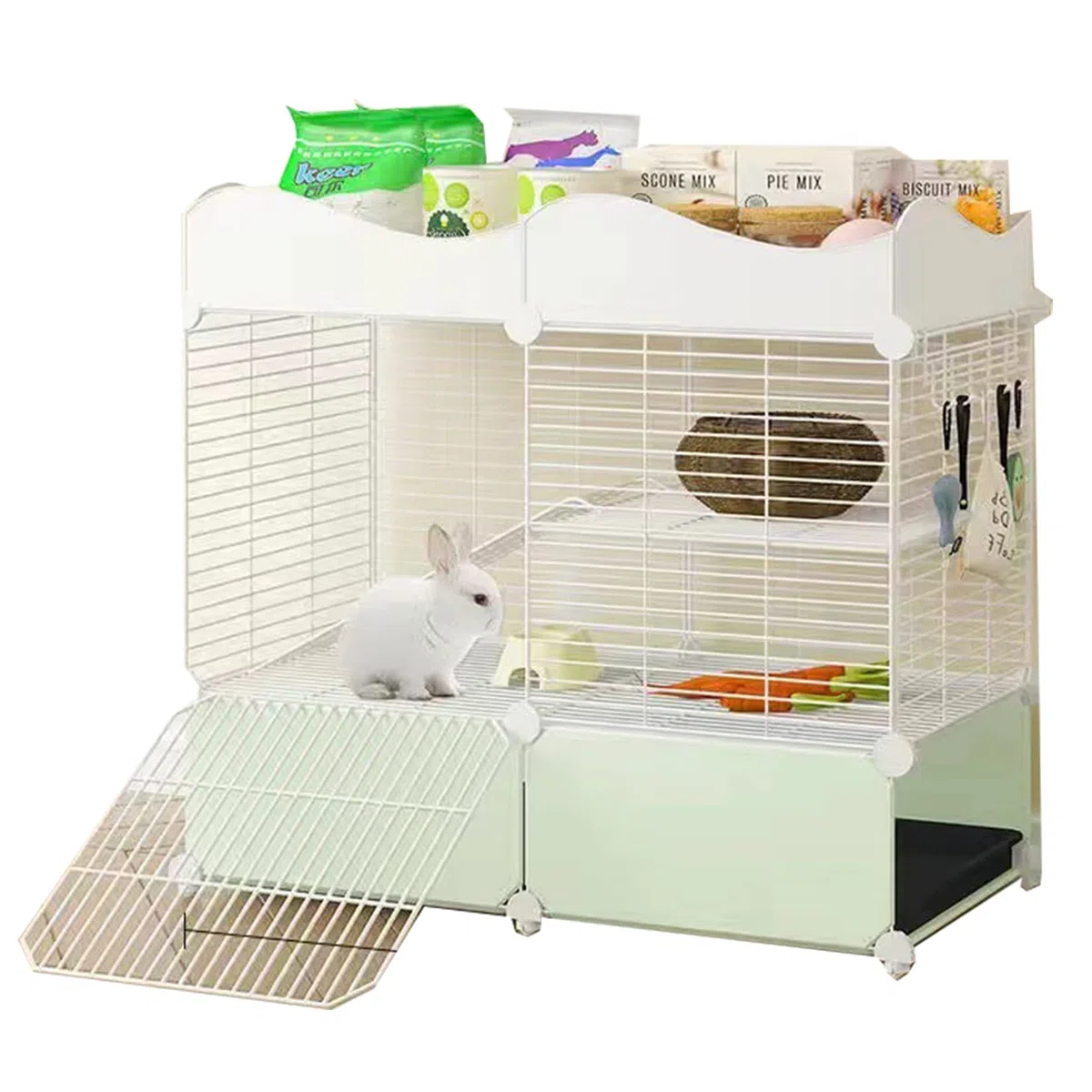 Haustierkäfig für Kleintiere, zweistöckiger Indoor-Stall für Kaninchen und Meerschweinchen, eingezäunter Auslauf mit herausnehmbarem Tablett