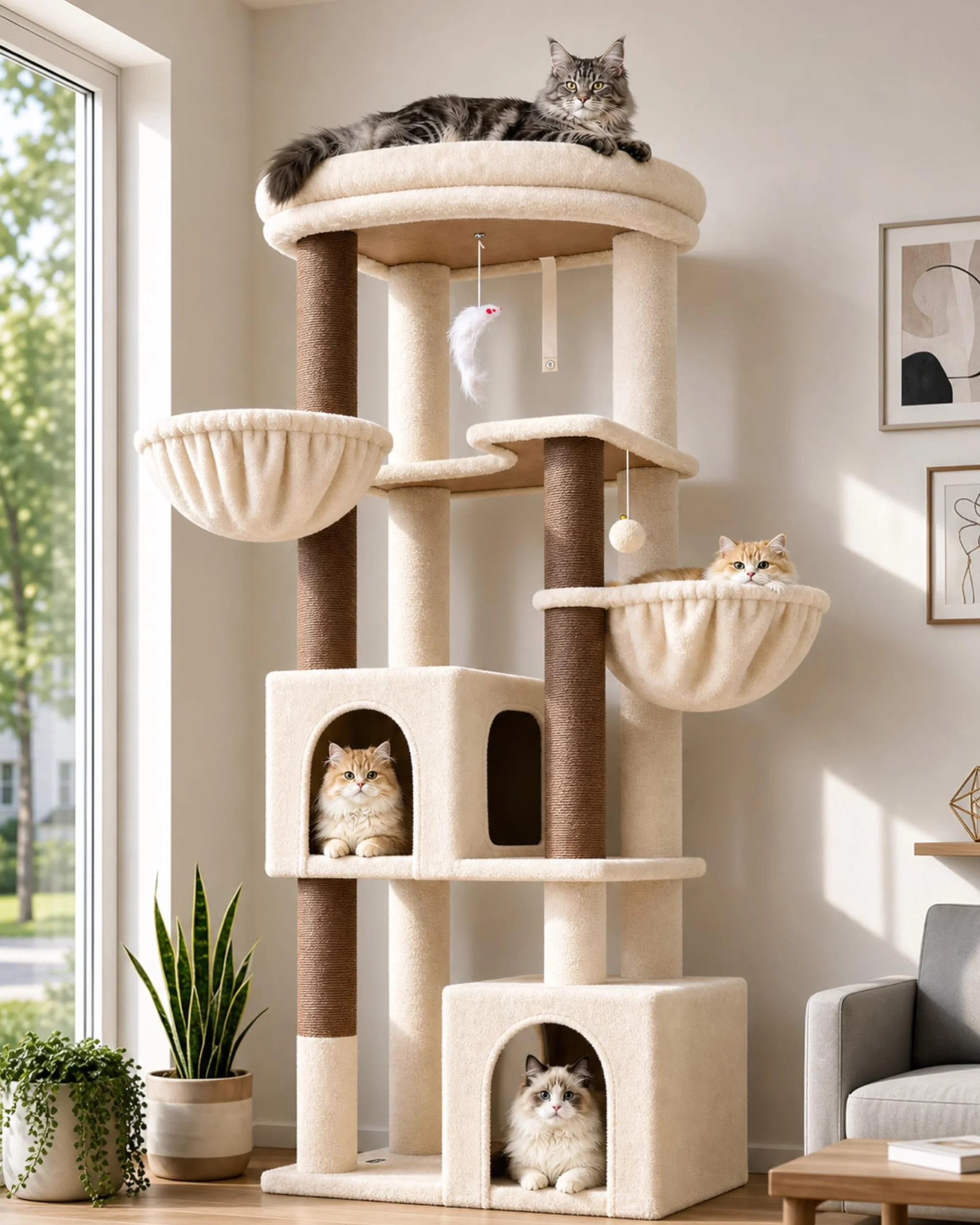 Globlazer Kratzbaum Beige Stabil für Große Katzen 163 cm Eckkratzbaum C64 | Stabil Katzenbaum mit Extragroß Gepolsterte Plattform 2 Große Katzenhäuse 2 Katzenkorb für Erwachsene Katzen, Maine Coon