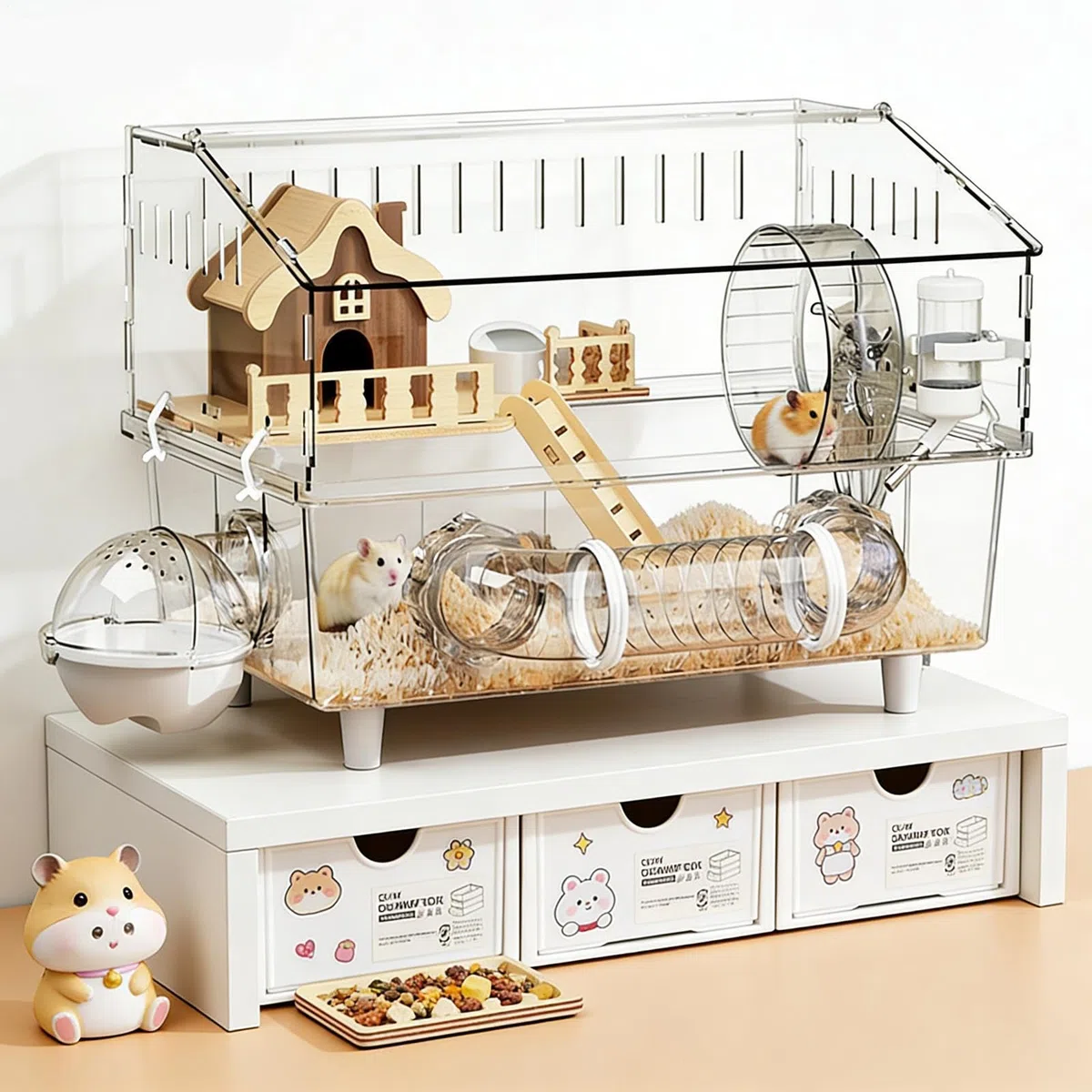 Großer Hamsterkäfig 2-stöckiger durchsichtiger Auslauf | Geräumiger Hamsterkäfig mit Trinkflasche und Toilette für Kleintiere wie Meerschweinchen, Beobachtung zu Hause oder