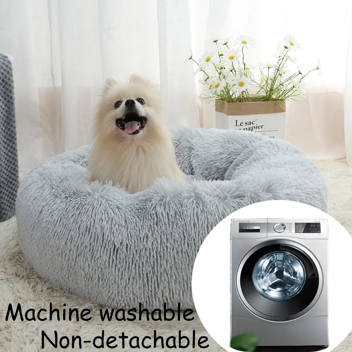 Plüsch-Donut-Kuschel-Hundebett, rund, waschbar, Anti-Angstzustände, flauschiges Haustierkissen, rutschfest, mittelgroß, weich, warm (150 x 150 x 20 cm, Beige)