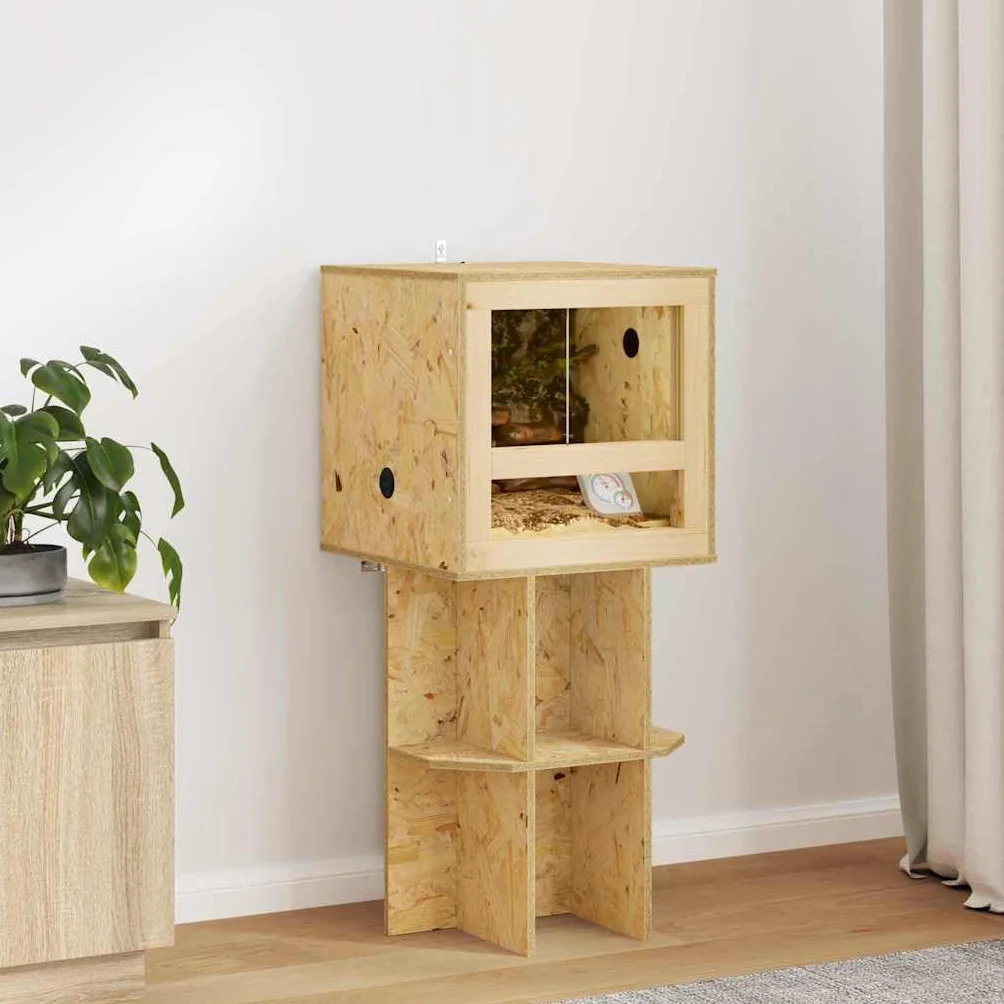 Großes OSB Terrarium mit Glastür, 40 x 40 x 90 cm, braun – Robustes Reptilienhaus für Amphibien, geräumig und pflegeleicht