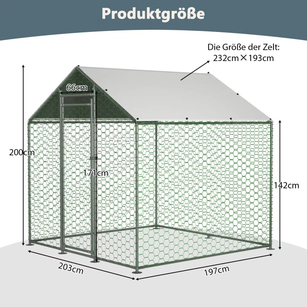 Metall Hühnerstall 2x2x2m Silber Freilaufgehege | Kleintiergehege Voliere Geflügelstall, Verzinkter Stahlrahmen Dachplane Begehbarer Auslauf Draußen Gartengehege Schutzdach