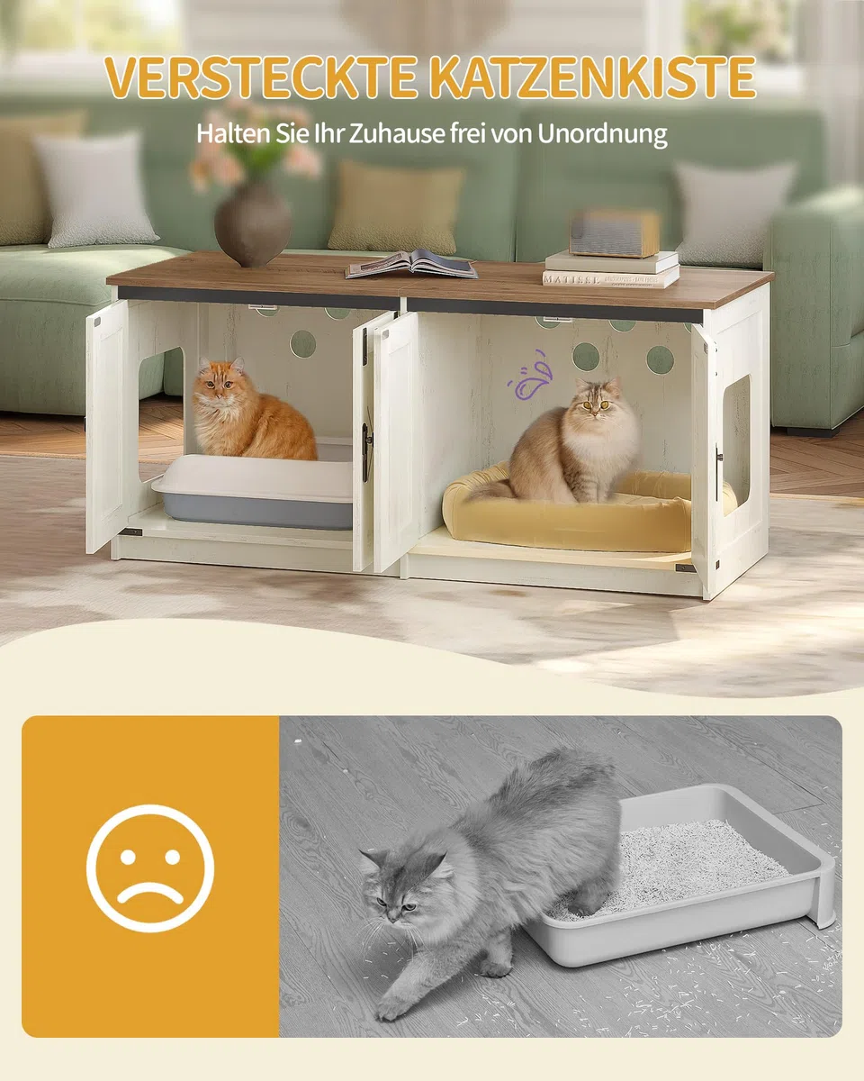 Hzuaneri Katzenschrank, 119cm Katzenklo Schrank für 2 Katze, Braun und Weiß | Versteckter Katzentoilettenschrank, Katzenhaus für den Innenbereich, Bauernhausstil, 119 x 48 x 53,5 cm, CB85314X