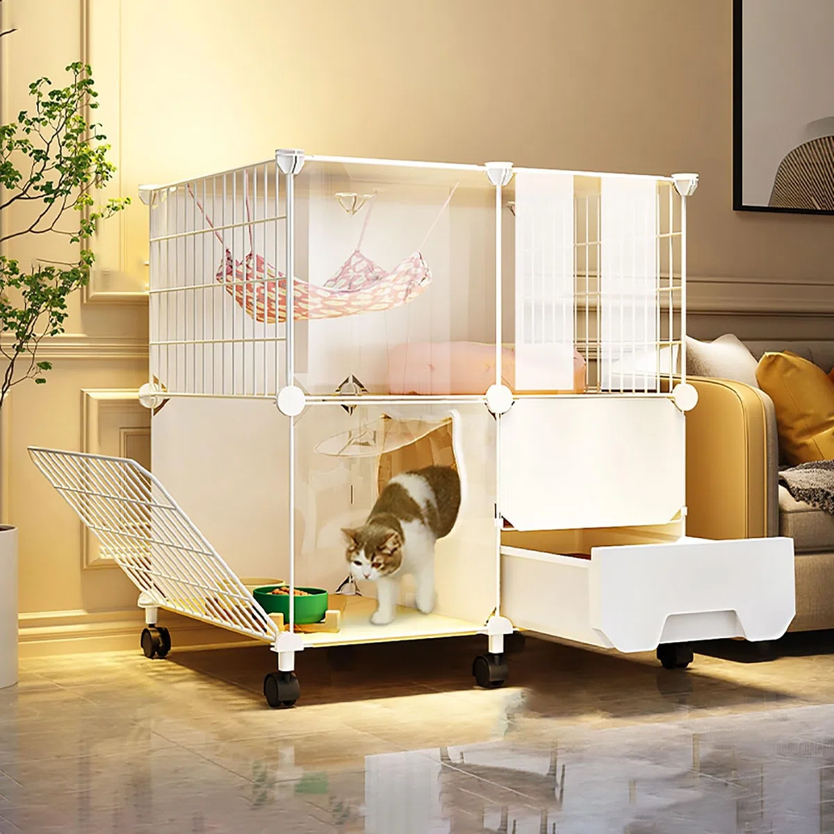 Indoor Katzenlaufstall, abnehmbares Katzengehege mit Leiter, Katzenklo, Nest, Napf - Großer Übungskäfig für Kleintiere