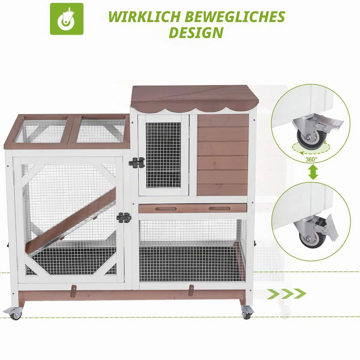 Innen- und Außenhaus Kaninchenhaus mit 2 Leckagesichtige Schiebetafeln, kaubeständiges Metallnetz, Regenabdeckung, 2-Story Holzkaninchenkäfig, Meeresschwein Haus mit Rädern (Braun)
