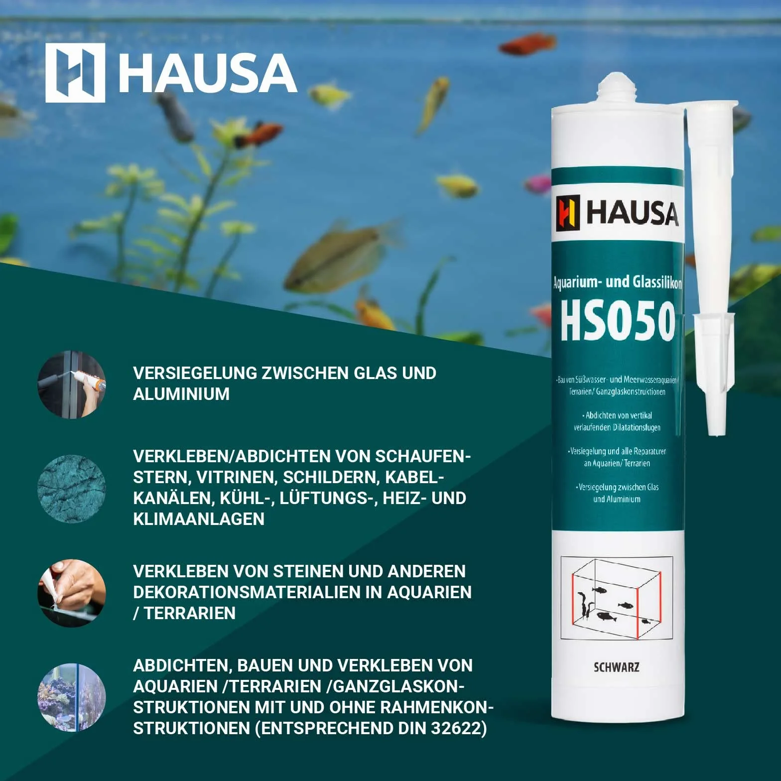 HAUSA Aquarium-Silikon Glas-Silikon HS050 schwarz 6x 310ml Silikon-Kleber & Dichtstoff für Aquarien Terrarien Glaskonstruktionen schnelle Aushärtung, süß- meerwasserbeständig, sicher für Fische