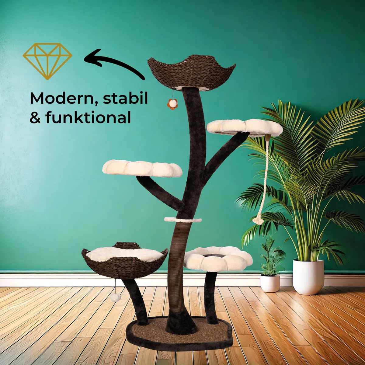 Kratzbaum „Le Fleuron“ – 145 cm eleganter Design-Katzenbaum mit Sisal, stabilem Standfuß und weichen Liegeflächen, hochwertiger Kratz- und Kletterbaum für Wohnung & Haus braun-beige