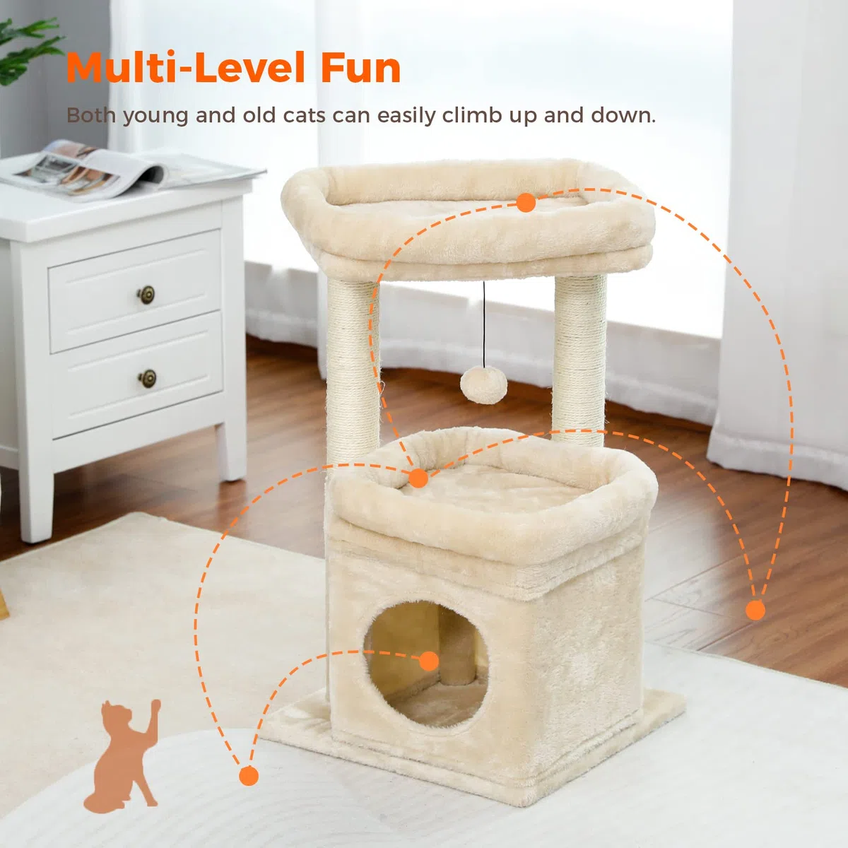 PEQULTI Indoor Kratzbaum Turm kleine Katzen, Sisalpfosten & gemütliche Höhle, Beige | Private weiche Katzenhütte Soft Top Sitzstange Natursisal Kratzstämme Plüsch Pom Pom Spielzeug für Indoor Kätzchen