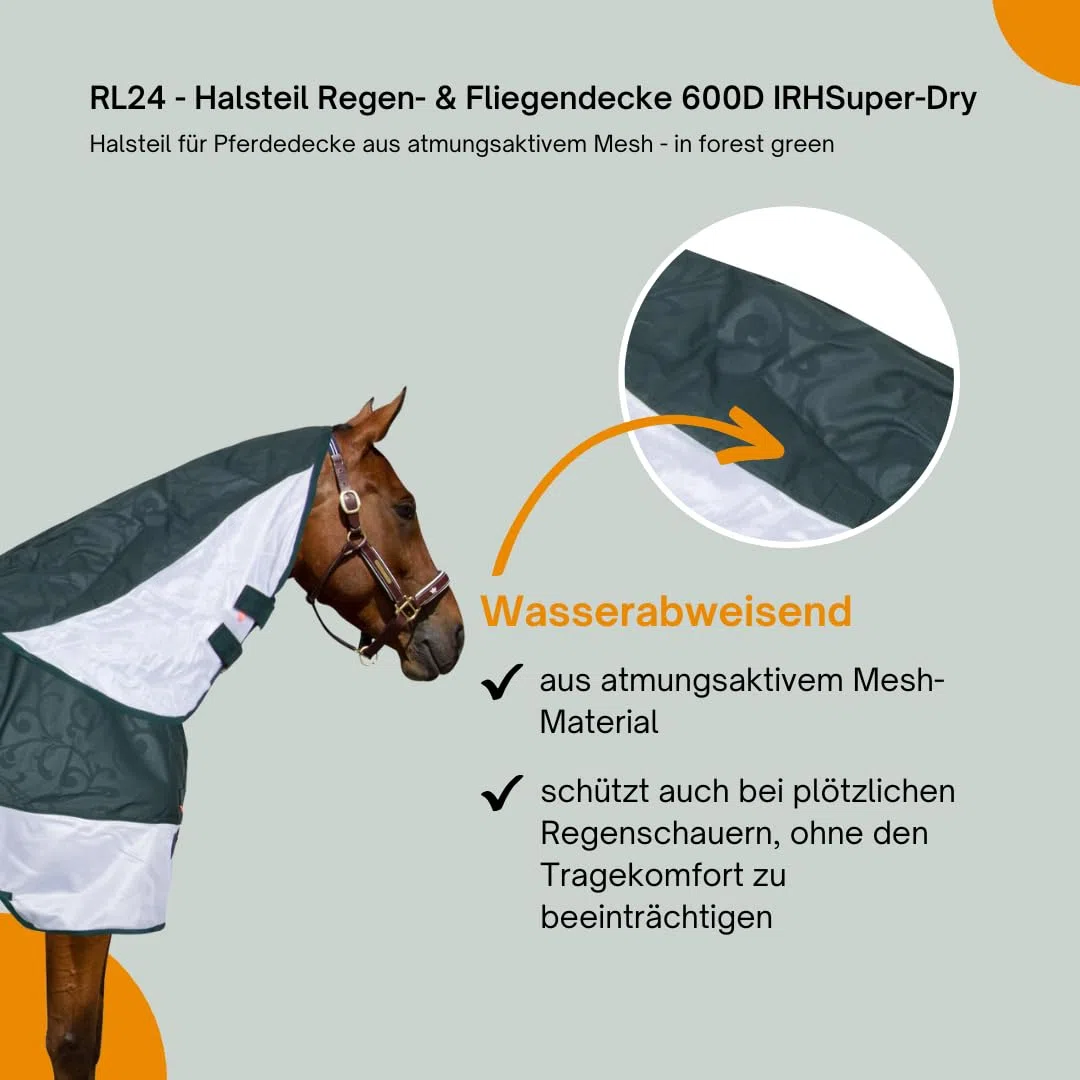 RL24 - Halsteil Regen- & Fliegendecke 600D IRHSuper-Dry – Halsteil für Pferdedecke aus atmungsaktivem Mesh – Schutz vor Insekten – doppelter Klettverschluss – in Forest Green – Größe M