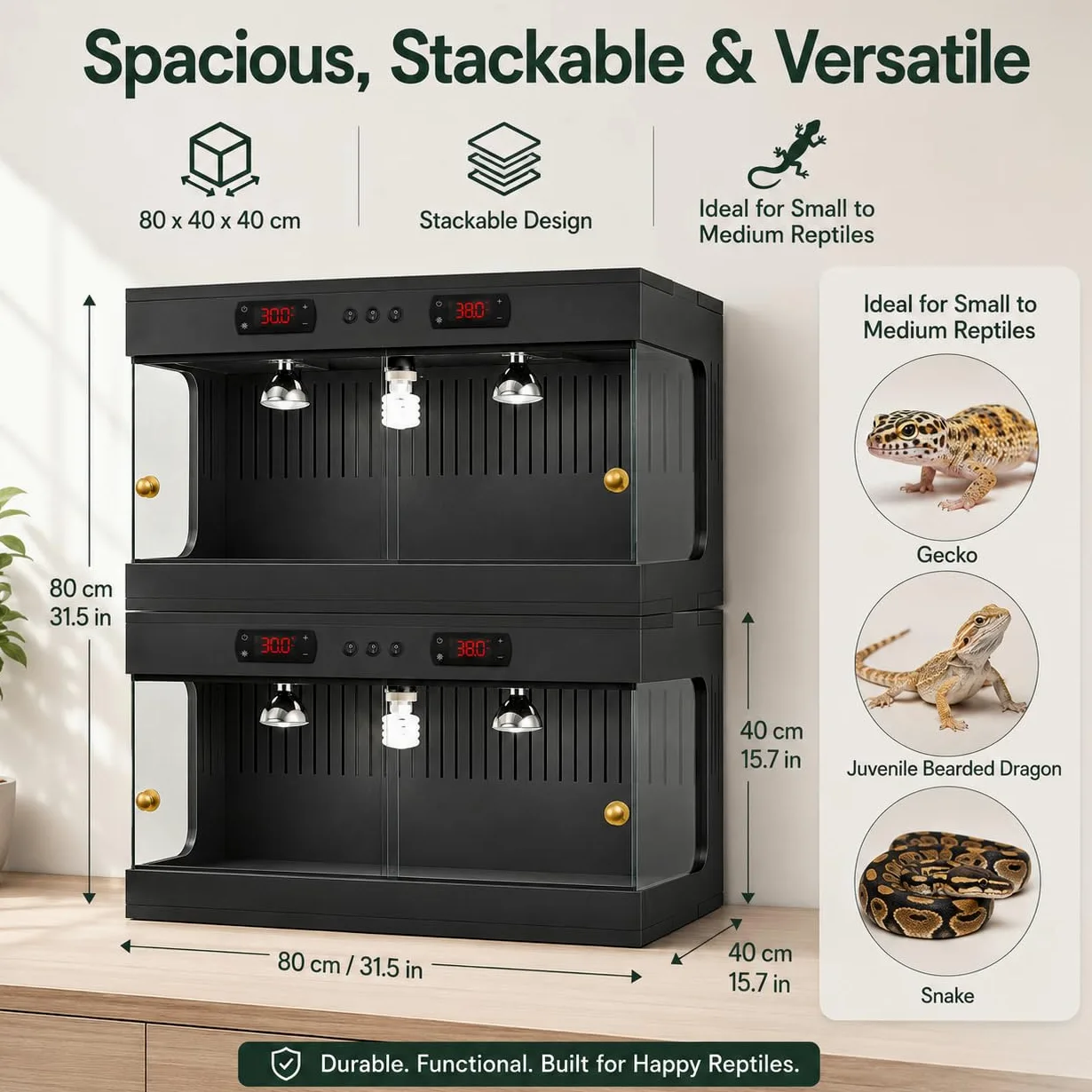 Reptilien-Vivarium, 80 x 40 x 40 cm, Reptilien-Terrarium mit doppeltem Thermostat und Keramik-Lampenfassung, 3-seitige Belüftung, stapelbares Glas-Reptiliengehege für Bartagamen, Schlange, Frosch