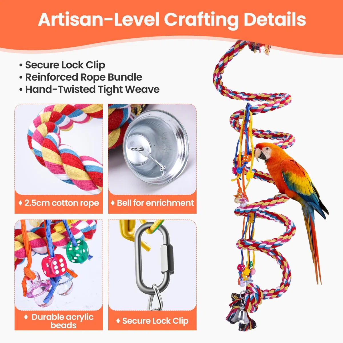 Extra große Papageienseil-Sitzstange – 2,5 cm dick, robust, spiralförmige Kletterer mit Glocke und Acryl-Spielzeug, Multisensorische Anreicherungsschaukel für Aras, Kakadus, Graupapageien und