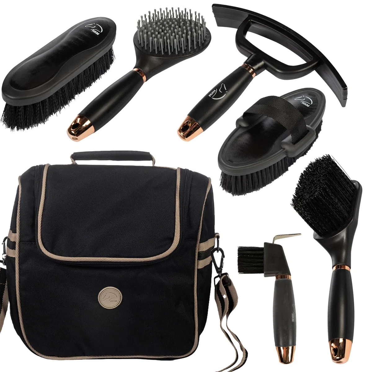 Luxus Pferde-Putzset NERO | Komplettes Pferdepflege-Set mit Putztasche, Bürsten & Hufkratzer | Edles Schwarz mit roségoldenen Details