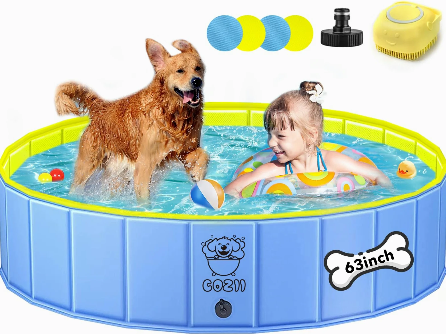 COZII Hundepool 160 x 30cm faltbare Hundebadewanne Planschbecken für Hunde Kinder rutschfest PVC mit Badebürste