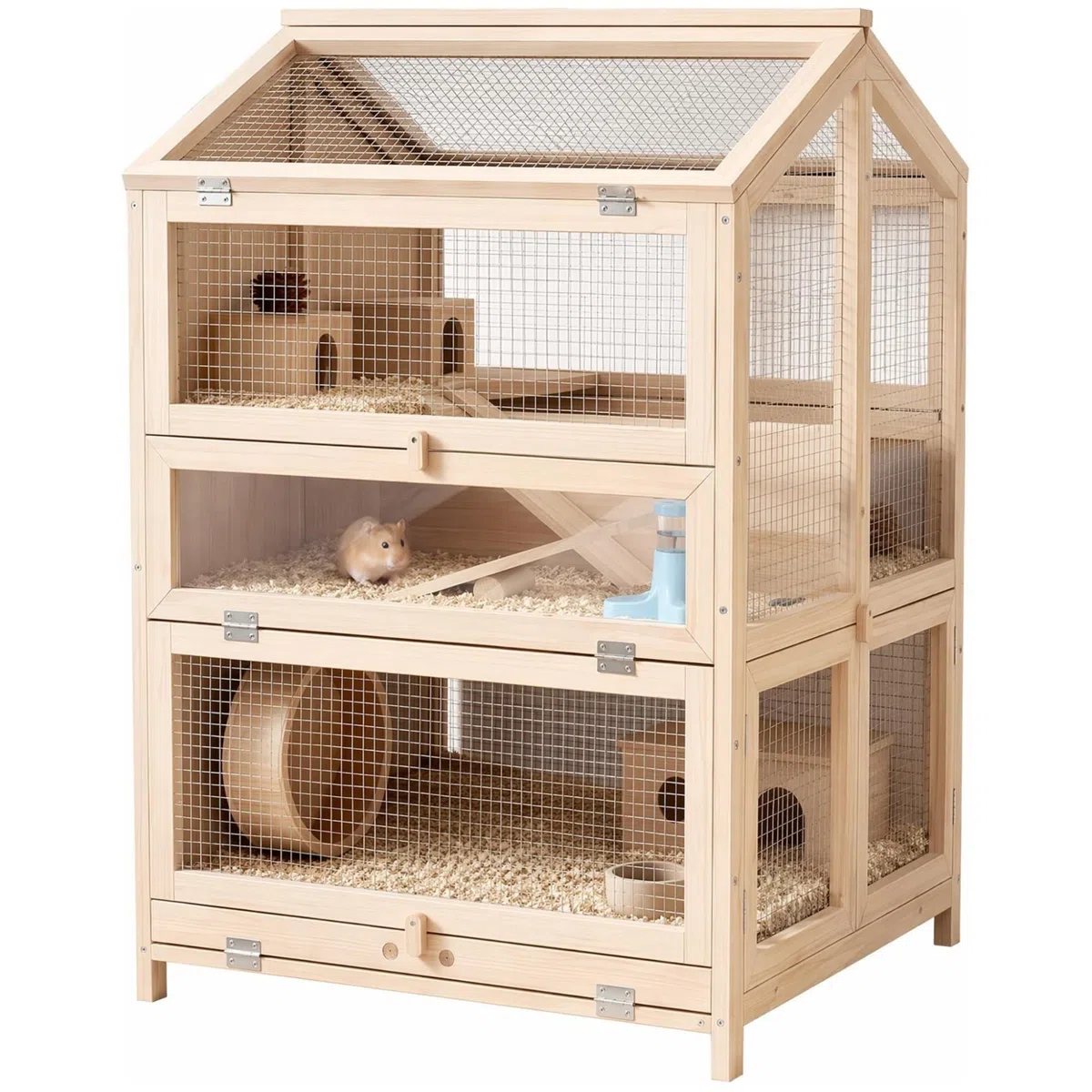 PawHut Hamsterkäfig 3 Etagen für Kleintiere 68 x 61,5 x 90 cm Naturholz | Nagerkäfig, Kleintierkäfig, mit Hütten, Wippen, Rampen, Wasserschalen, Mäusekäfig