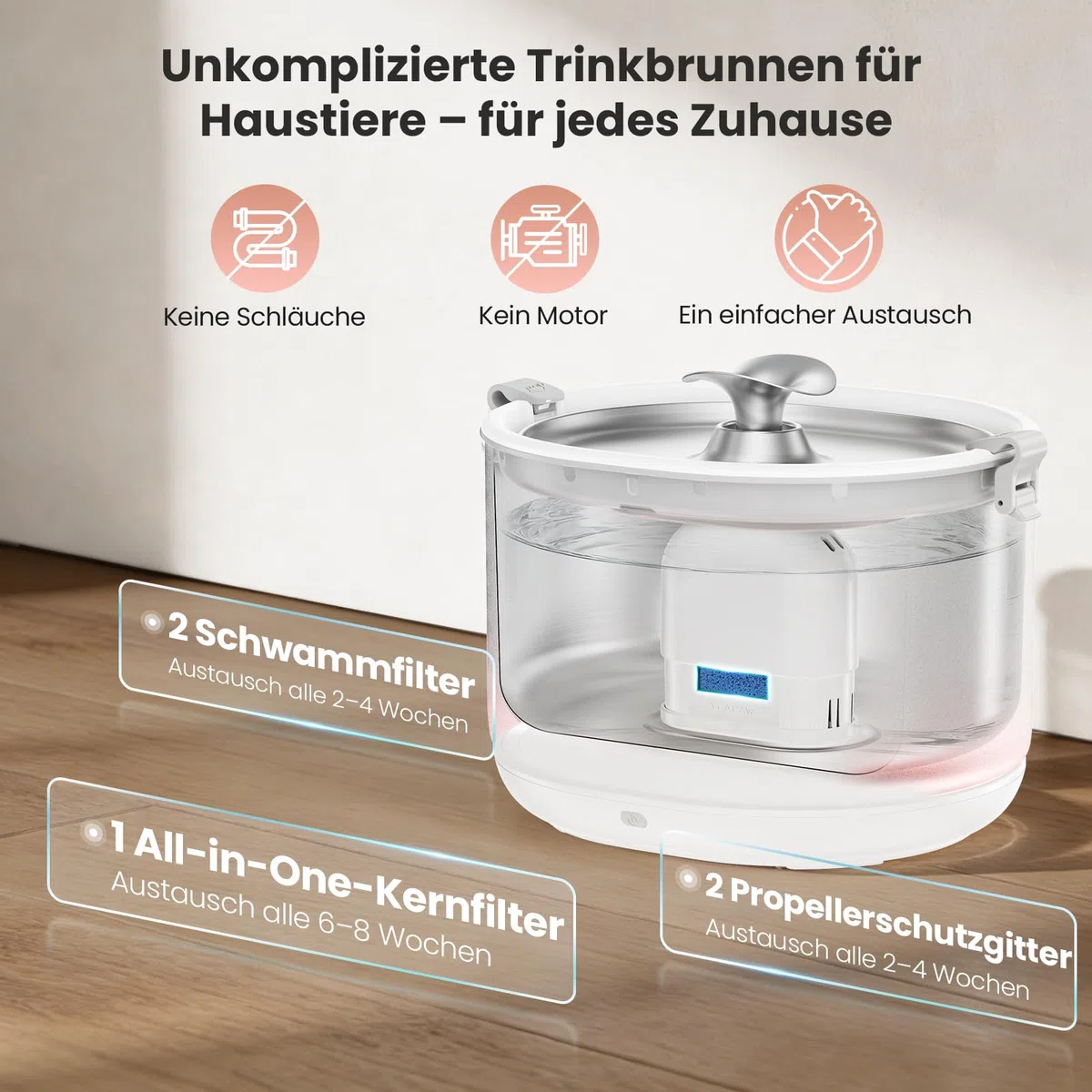 Katzenwasserbrunnen All-in-One Filter Edelstahl Eimer & Schüssel Kabelloser Haustier Wasserbrunnen 2.5L Wasserbrunnen für Katzen Indoor Spender Leicht zu reinigen BPA Frei Weiß