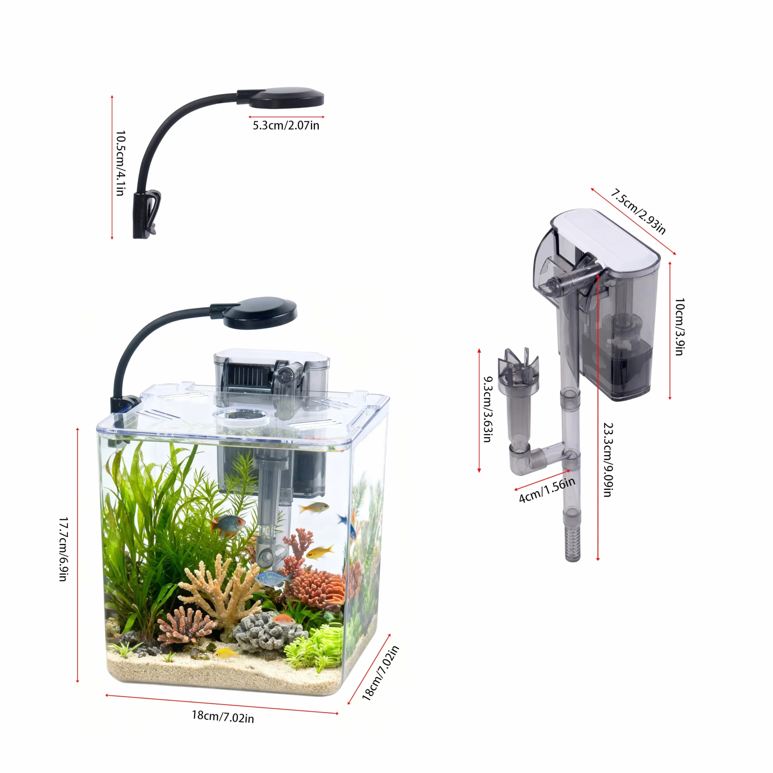 5L Einsteiger-Aquarium-Set, 18 x 18 x 18 cm, Mini-Kunststoffaquarium mit LED-Lampe und USB-Filter, DIY-Aquascaping