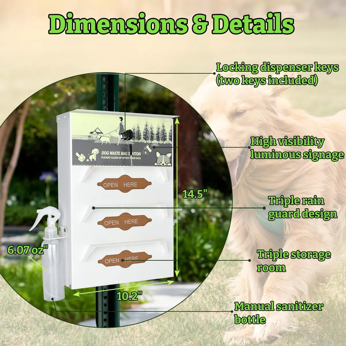 Hundekotbeutelspender aus Metall, Wandhalterung – 600 Rollbeutel im Lieferumfang enthalten | Pet Waste Station Pet Waste Bag Dispenser with Pick Up After Your Dog Schild (leuchtet im Dunkeln)