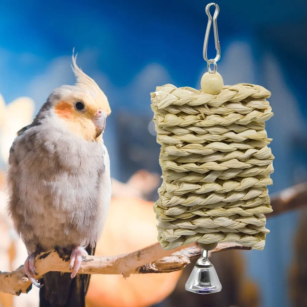 ArinkO Kauspielzeug für Vögel und Papageien aus natürlichem Maisrumpf aus Holz: Schaukeln, Klettern und Beißen mit Glocke – hängendes Käfigspielzeug