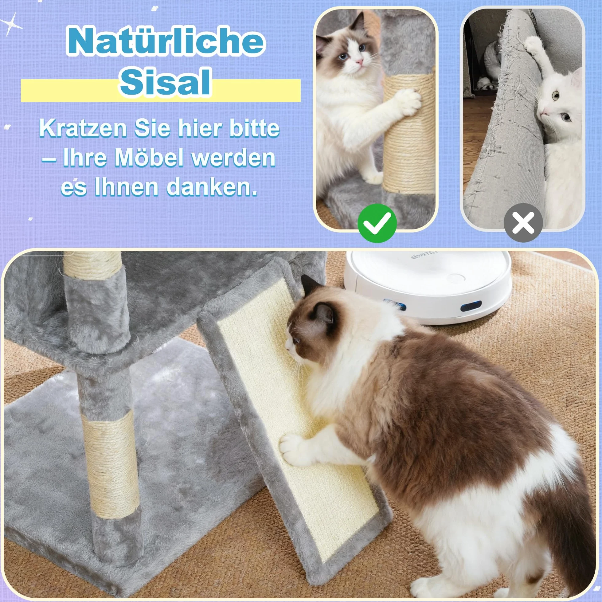 Hey-brother 182 cm Stabil Kratzbaum, für ausgewachsene großeKatze, MPJ080W | mehrstöckiger Katzenbaum mit 2 Grosse liegefläche, 3 Hängematten, Höhle, 2-in-1-Sisalkratzbrett, Plüschbällen, Hellgrau