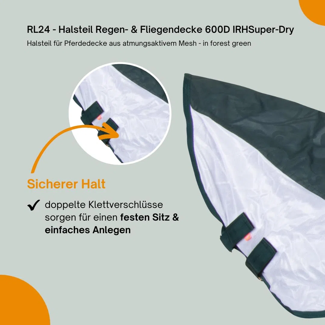 RL24 - Halsteil Regen- & Fliegendecke 600D IRHSuper-Dry – Halsteil für Pferdedecke aus atmungsaktivem Mesh – Schutz vor Insekten – doppelter Klettverschluss – in Forest Green – Größe M