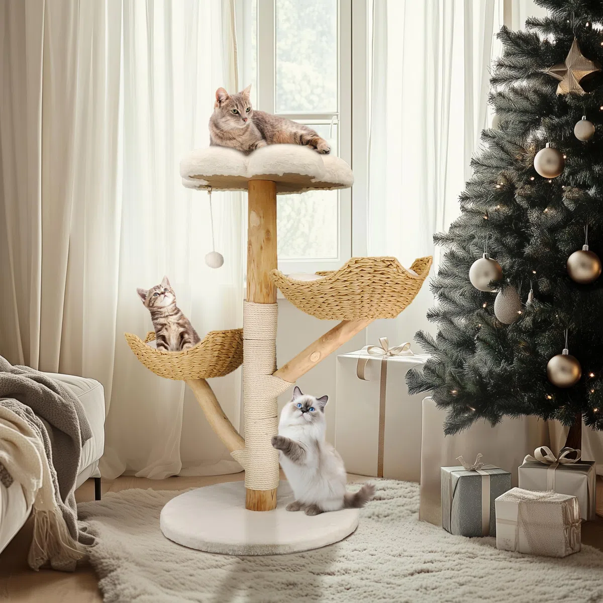 BingoPaw Kratzbaum Modern Katzenbaum Holz: 111cm Luxus Katzenkratzbaum mit 2 Weidenkorb Sisalstamm Sitzplattform Plüschball, Groß Katzenturm für mehr Katzen