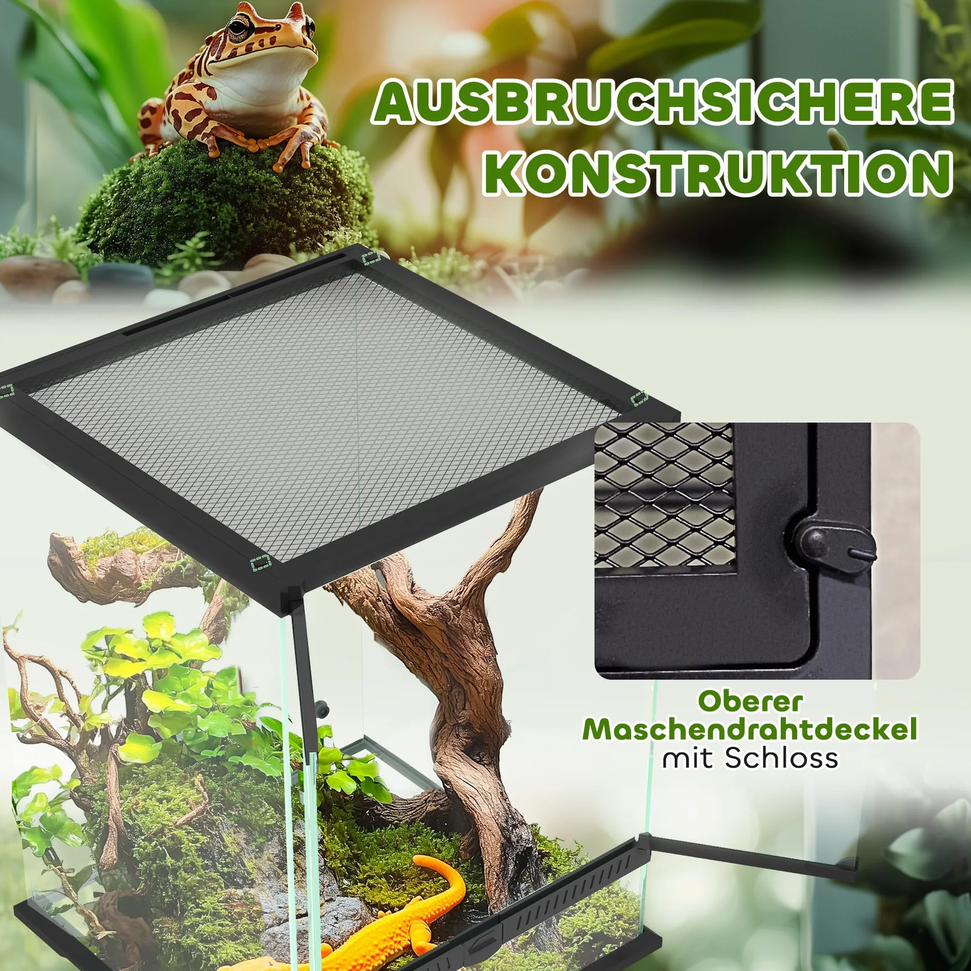 PawHut Terrarium für Reptilien Reptil Fütterungsbox mit Anti-Flucht-Design, Belüftung 120L Glasterrarium mit Kabelmanagement für Amphibien Spinne Metall Schwarz 45 x 45 x 60 cm