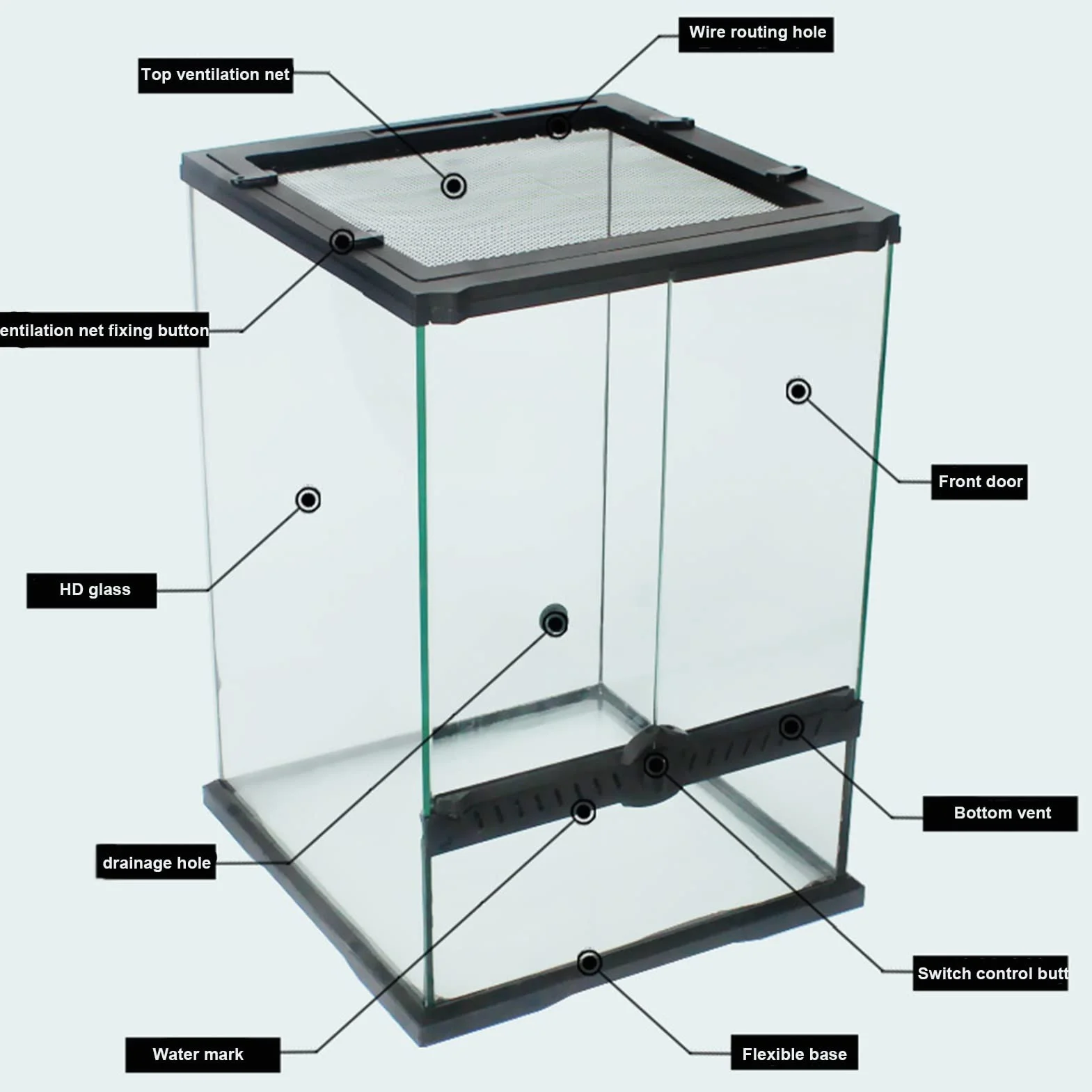 Reptilien-Terrarium, Glas, transparente Futterbox, Zuchtbox für Reptilien und Amphibien, Insekten, Spinne, Schildkröte, Schlange (60 x 45 x 90 cm)