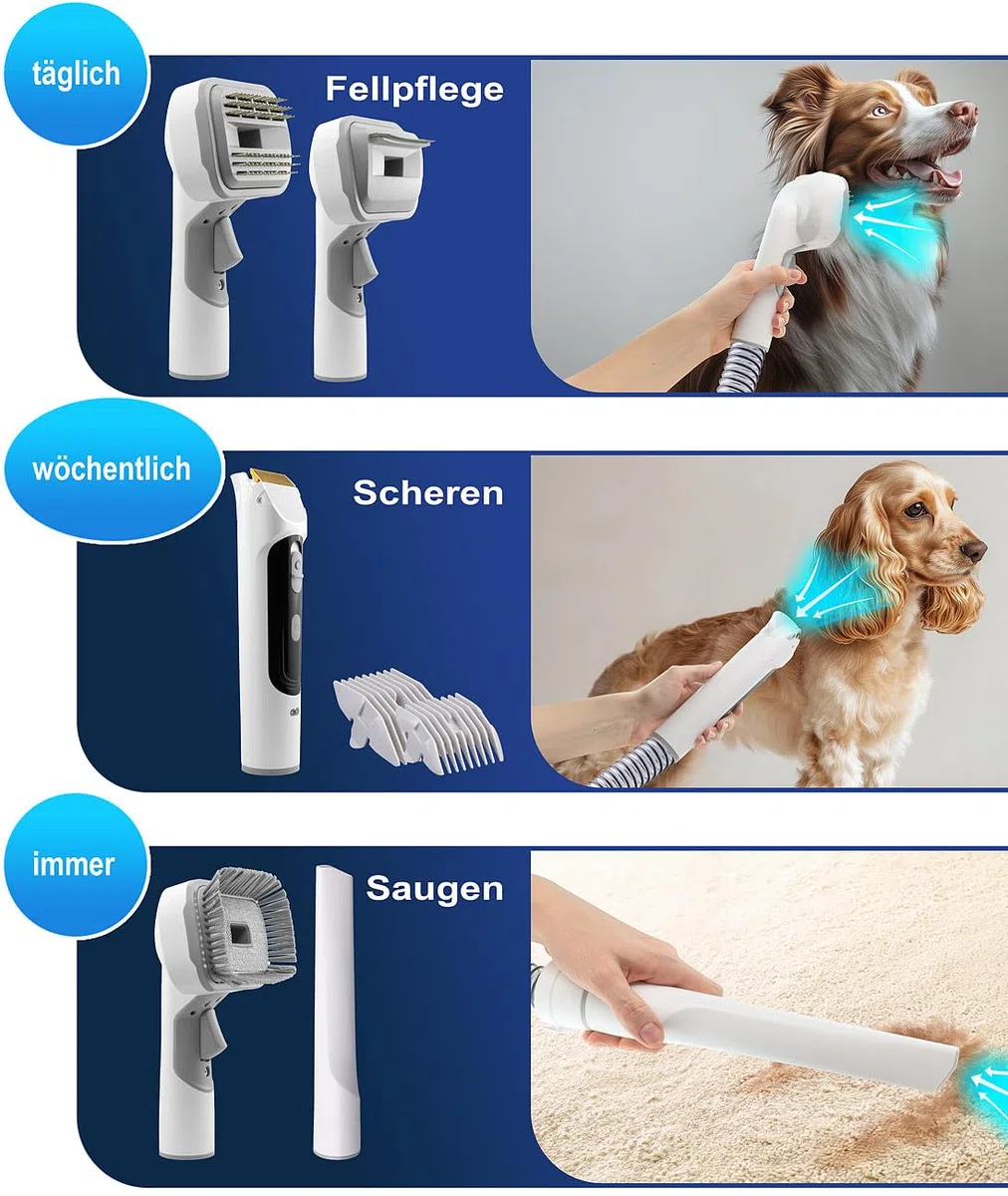 Hundeschermaschine: 8in1-Haustier-Schermaschine, Fellsauger, Föhn-Funktion und Bürsten (Tierhaarschneider, Schermaschine Hund, Pet)