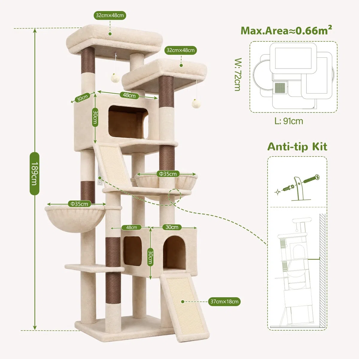 Globlazer Kratzbaum Beige XXL Stabil 190 cm fur 3-5 Große Katzen F74C | Stabile kippsichere Konstruktion, 2 Kratzrampe Sisal, bebilderte Anleitung. Katzchen Katzen Senioren Ausruhen Spielen Kratzen