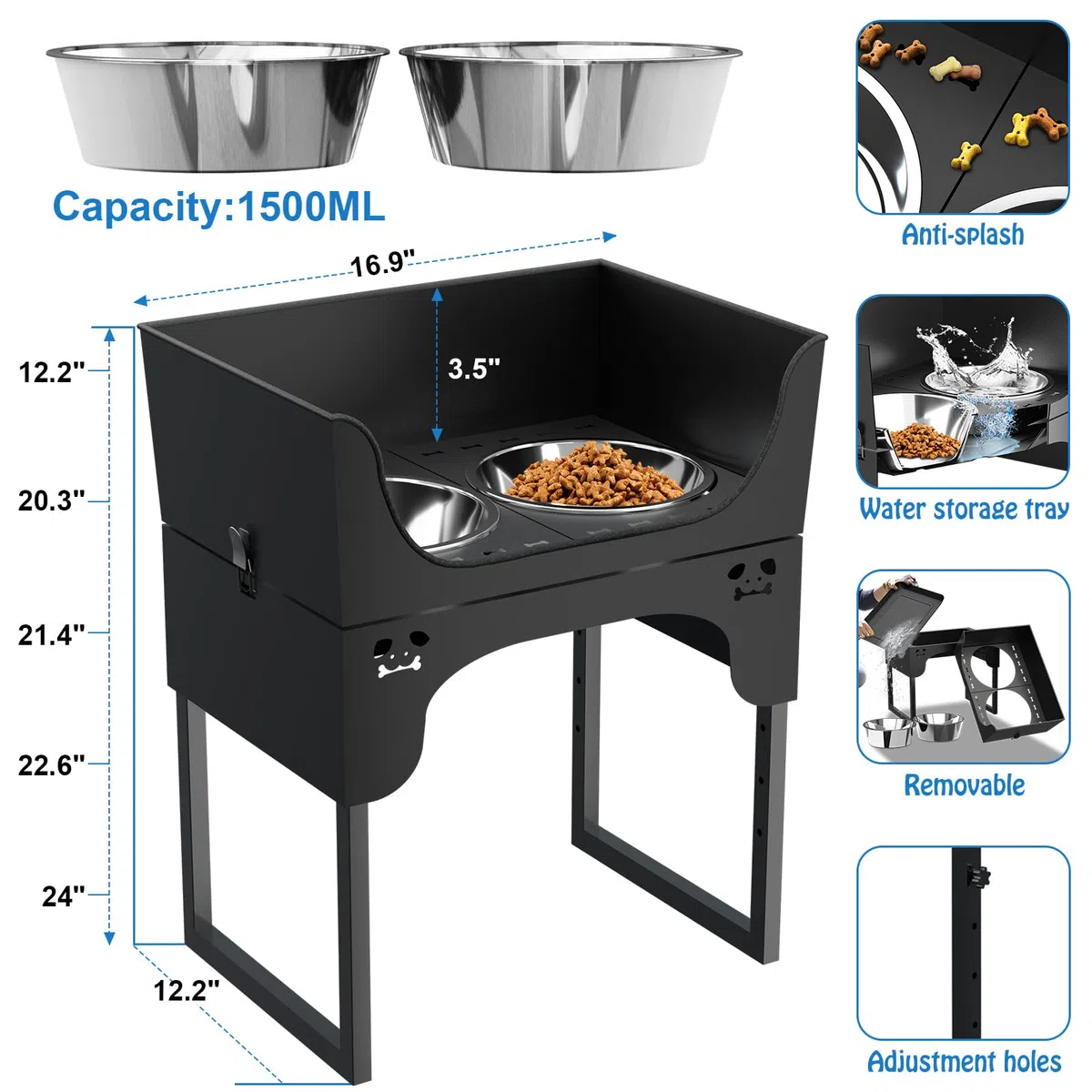 Erhöhte Hundenäpfe für große Hunde, erhöhter Hundenapf, Ständer verstellbar von 28,4 cm - 61 cm, mit 2 Edelstahl-Hundenäpfen, erhöhte Futternäpfe für kleine, mittelgroße und große Hunde und Haustiere