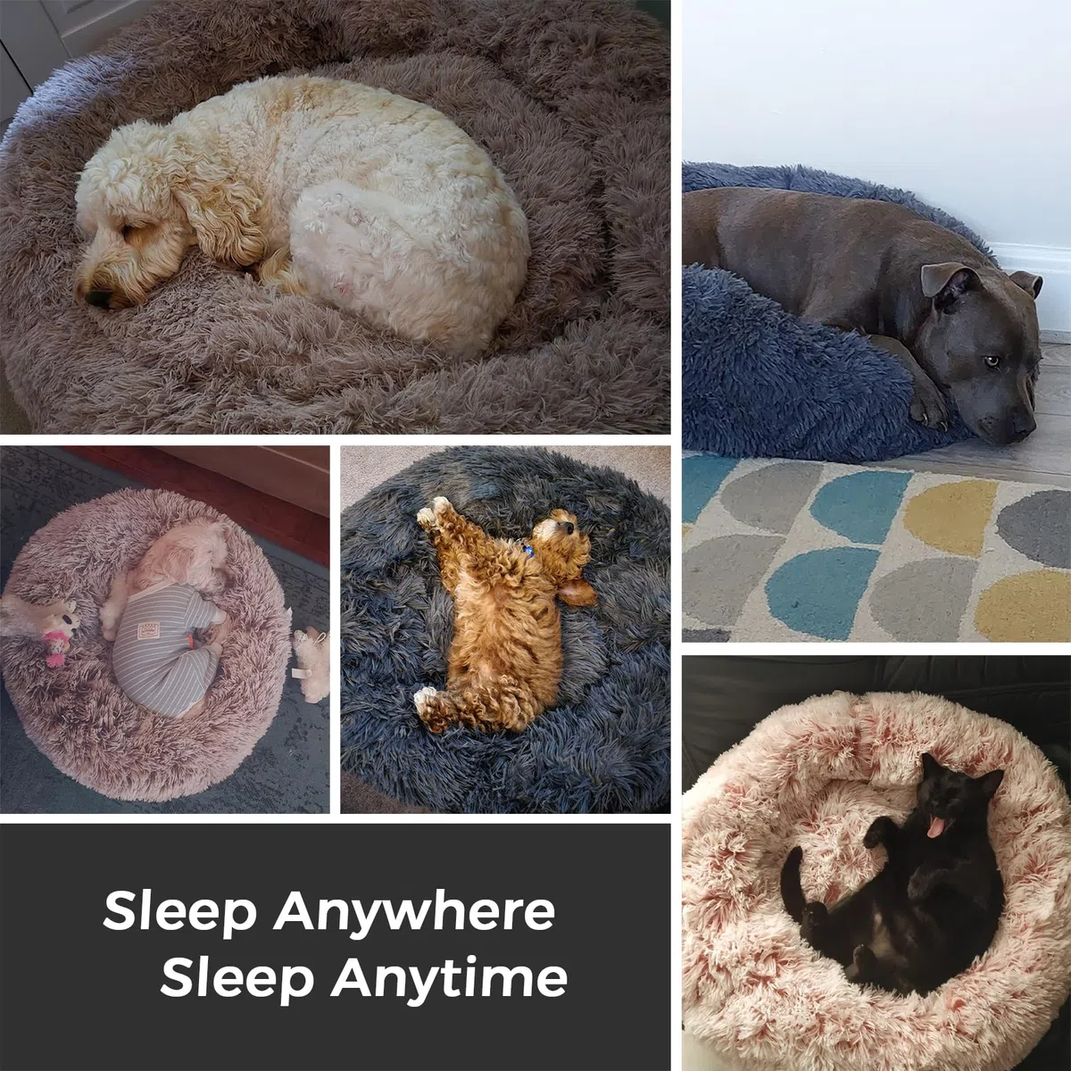 Beruhigendes Hundebett und Katzenbett für Indoor-Katzen, mittelgroß, waschbar, rutschfest, Anti-Angst, Donut-Hundebett für kleine Hunde und Katzen, flauschiges Plüsch, gemütlich, rund, 61 cm