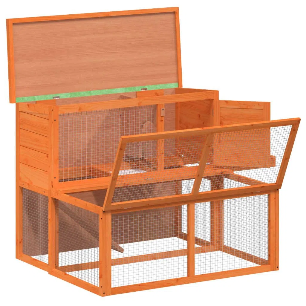 Kaninchenstall Braun aus massivem Kiefernholz 102 x 90 x 84,5 cm, Freilauf Gehege mit Rampe, Gitter, Auslauf, Dach und Wanne für Kaninchen, Meerschweinchen, draußen
