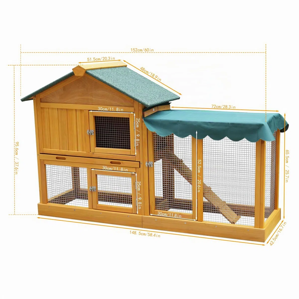 Deuba Kaninchenstall Winterfest, Hasenstall aus Holz mit Freilaufgehege, 152x51x95 cm, Asphaltdach, Sonnenschutz, Hühnerhaus mit Auslauf