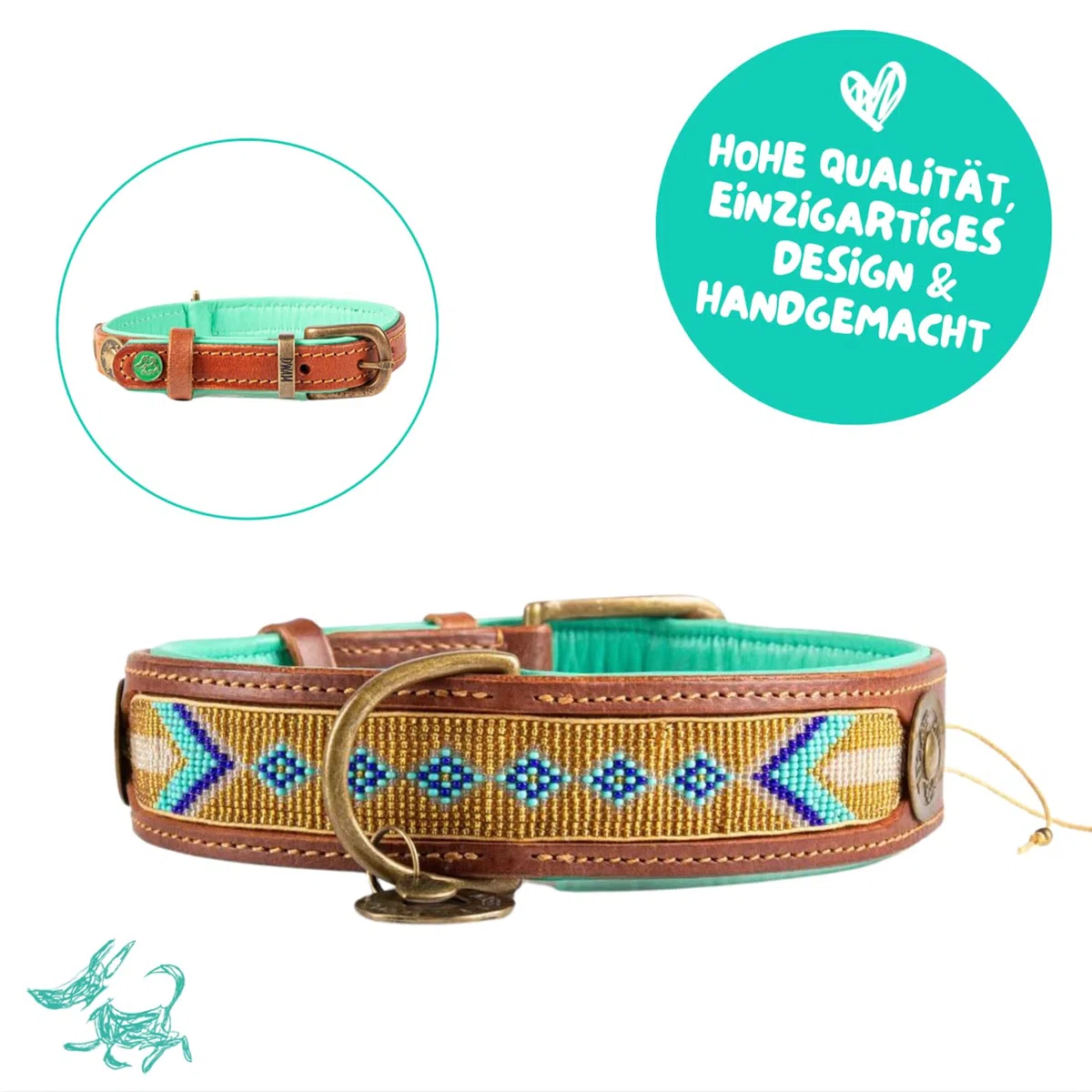 DWAM Dog with a Mission - Hundehalsband XL | Türkis und Gold, geometrisches Perlenmuster | Boho, Ethno, Hippie | Große Hunde | Handgemacht | Modisch und Bunt | Weiches Echtes Leder | 4 cm Breit