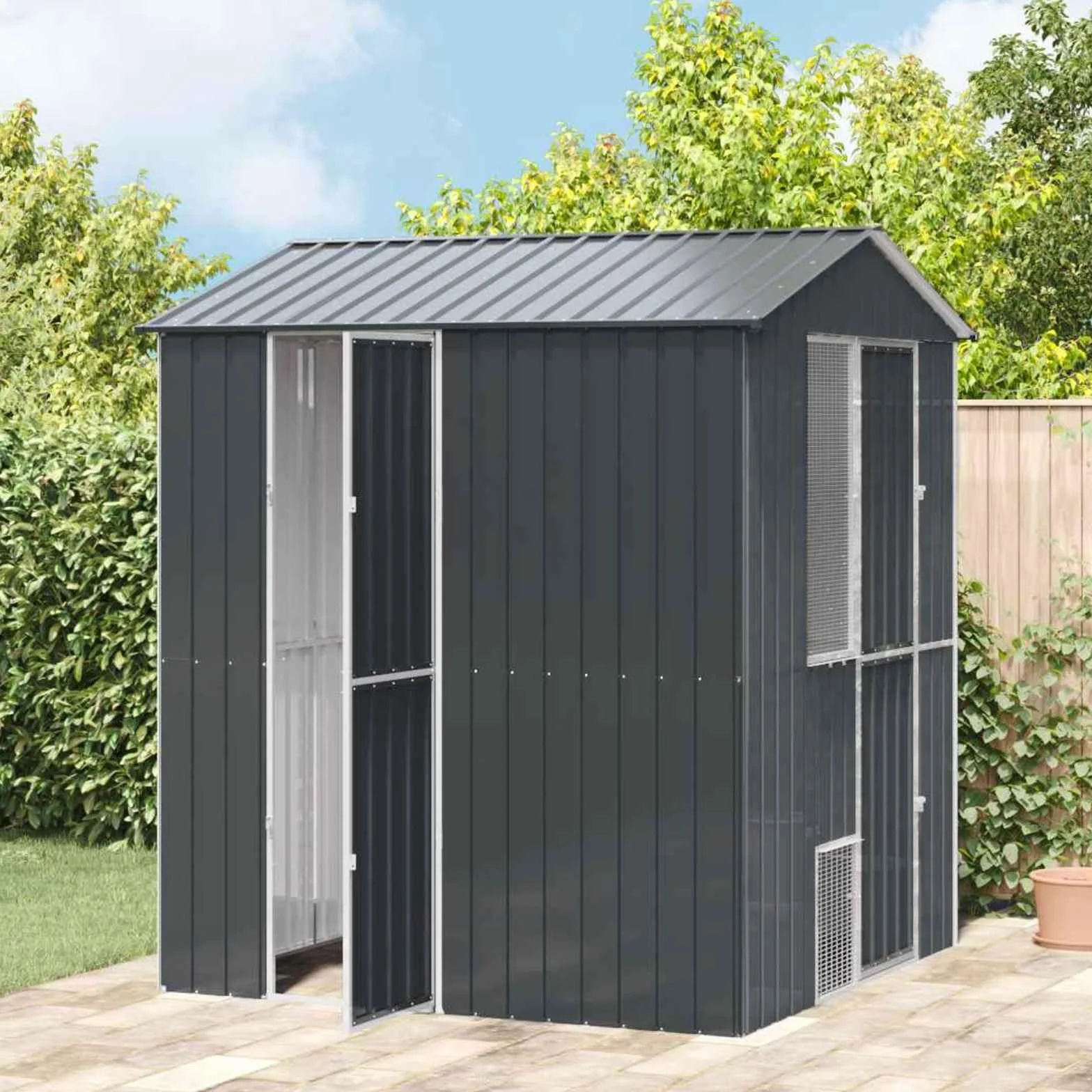 Outdoor Vogelkäfig Anthrazit 215 x 210 x 247 cm aus verzinktem Stahl, große Vogelvoliere für Garten und Terrasse mit rechteckigem Design, robust und wetterfest, einfache Montage