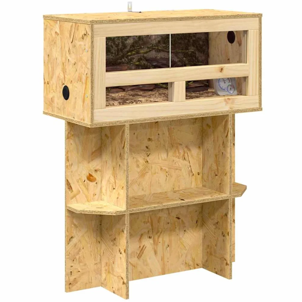 OSB Terrarium 60x30x80 cm Braun mit Holzschiebetür, Reptilien Terrarium aus OSB und Glas für Amphibien, geräumiges mit eingebauten Holzregalen