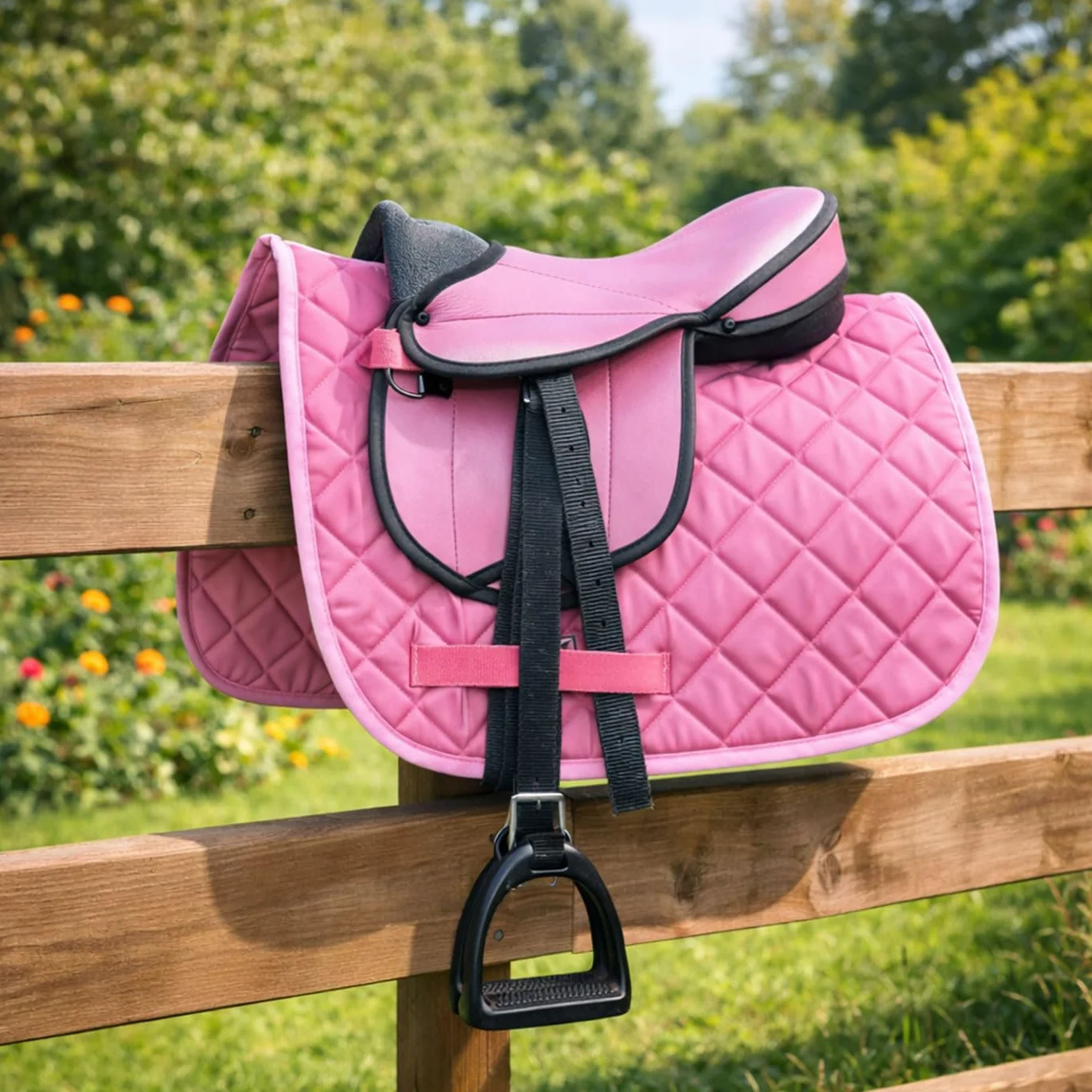 Brama West Holzpferd Sattel Set „My Happy Pony“ | Sattel für Shetty Pony Holzpferd Plüschpferd | mit Satteldecke, Sattelgurt, Steigbügel & Steigbügelriemen - Rosa
