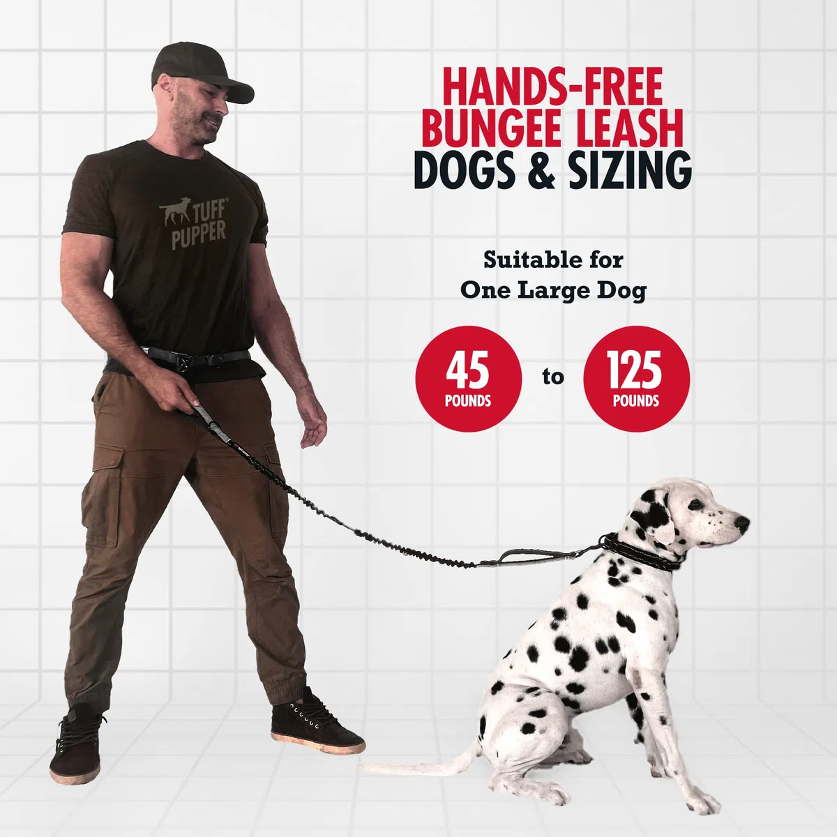 Robuste, freihändige Hundeleine von Tuff Pupper | Ein großer Hund bis 55 kg | Bequemer, stoßdämpfender Bungee | Reflektierende gepolsterte Griffe | Lendengürtel 55-110 cm | Leine zum Joggen und Laufen