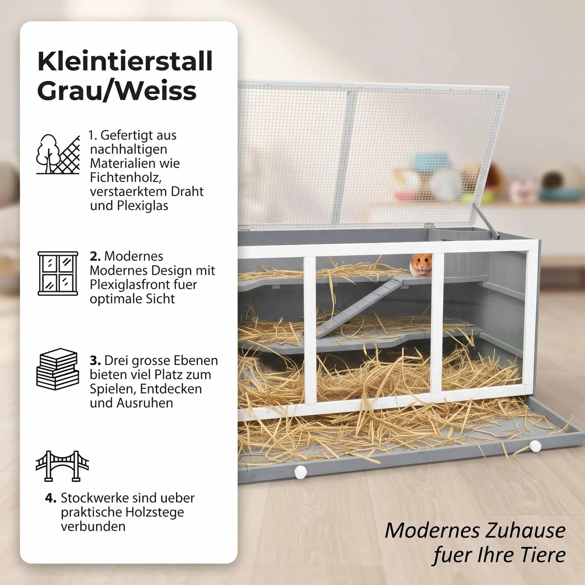 Mucola Kleintierkäfig aus Holz mit Plexiglasfront – 3 Etagen Nagerkäfig für Kaninchen, Meerschweinchen, Hamster – mit Häuschen, herausziehbarer Schublade, großer Kleintierstall Indoor