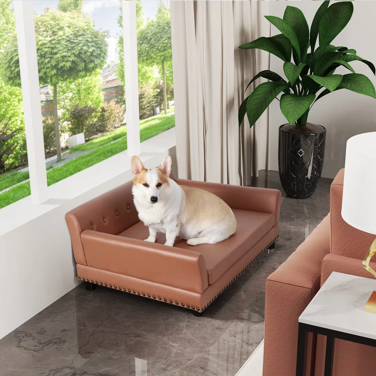 BingoPaw Hundesofa XXL für Große Hunde: Luxus Hundecouch aus atmungsaktivem wasserdichtem Leder - Mordern Haustiersofa mit Rückenlehne orthopädisches Hundekissen und Holzbeinen - Braun 120x74x40cm