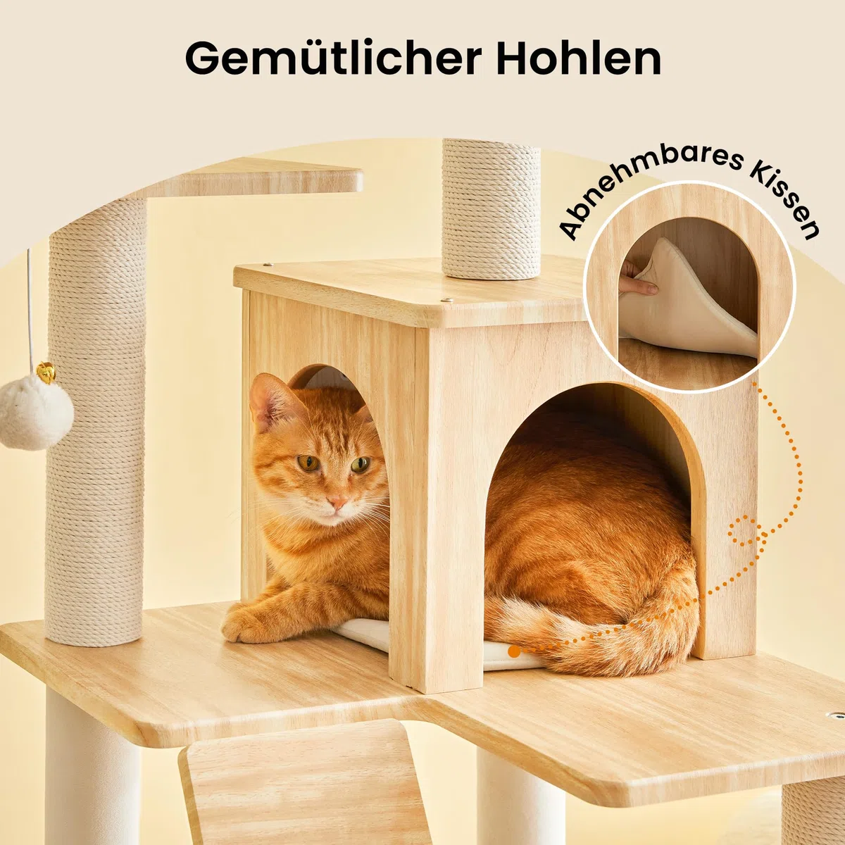 Kratzbaum, 163 cm hoch, moderner Katzenbaum in Hellholzoptik, mehrstöckiges Katzenhaus mit Höhle, 7 Kratzsäulen, 2 Liegemulden, Hängematte und 2 Plüschbällen