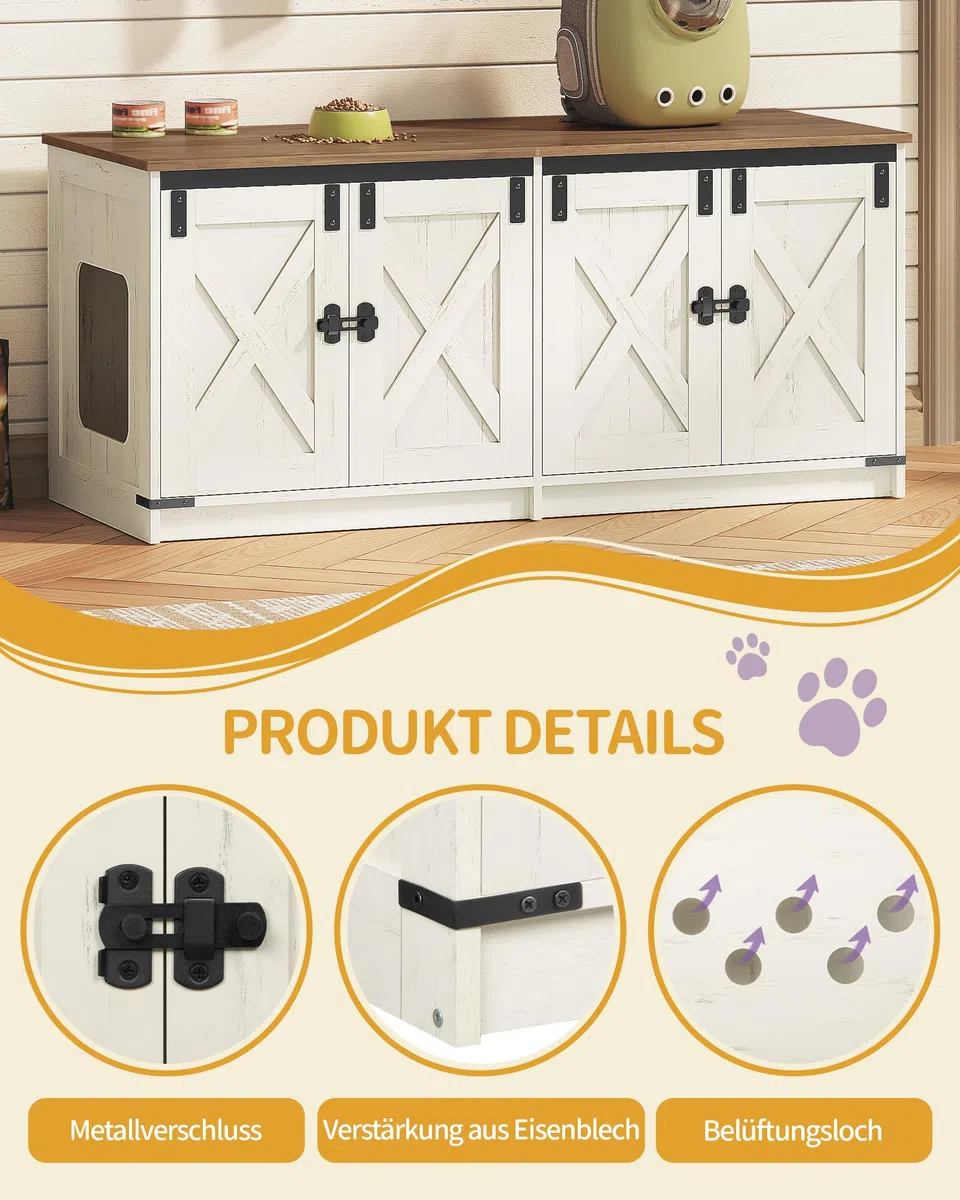 Hzuaneri Katzenschrank, 119cm Katzenklo Schrank für 2 Katze, Braun und Weiß | Versteckter Katzentoilettenschrank, Katzenhaus für den Innenbereich, Bauernhausstil, 119 x 48 x 53,5 cm, CB85314X