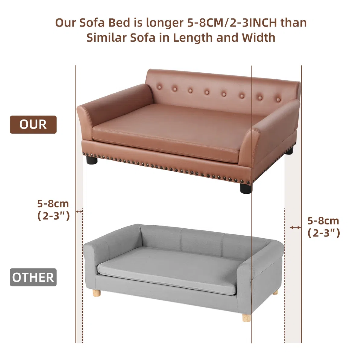 BingoPaw Hundesofa XXL für Große Hunde: Luxus Hundecouch aus atmungsaktivem wasserdichtem Leder - Mordern Haustiersofa mit Rückenlehne orthopädisches Hundekissen und Holzbeinen - Braun 120x74x40cm