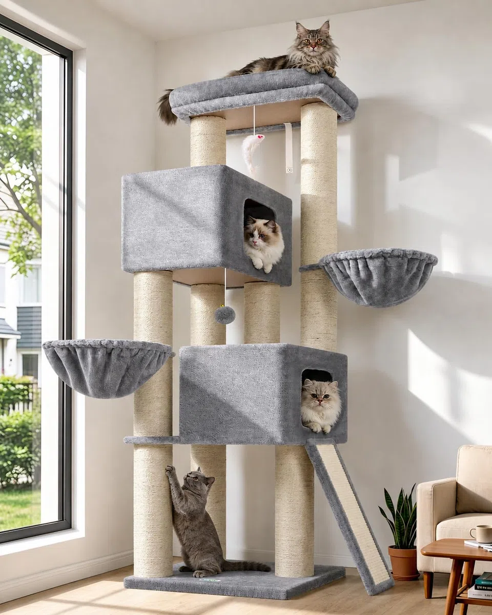 Globlazer Kratzbaum Dicke Stämme 11CM für Große Katzen mit 2 Extragroß Katzenhaus 50*35*30cm, Ausreichend Kratzflächen, Plattform Liegebereich, 170CM Kratzbaum Grosse Katzen Stabil (S67, Hellgrau)